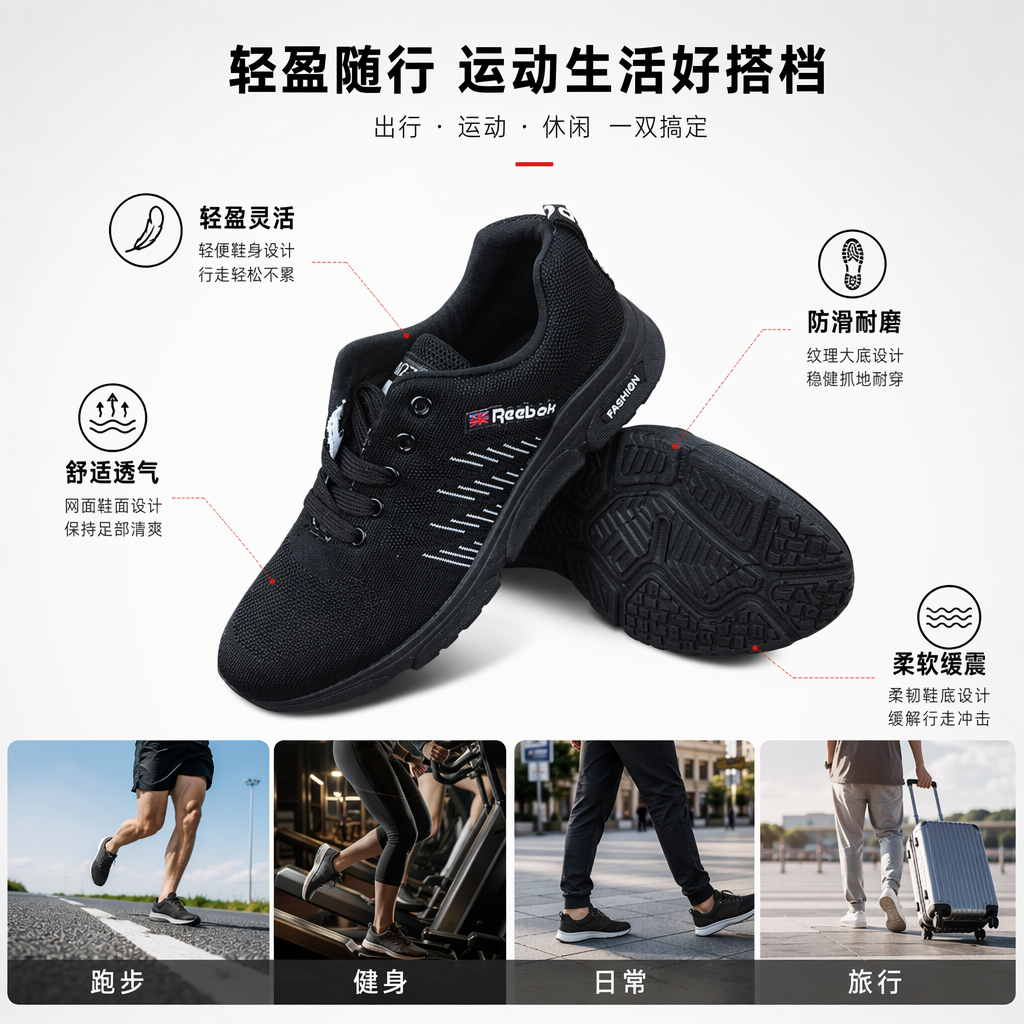 黑色运动鞋网面透气缓震减压健身训练专用