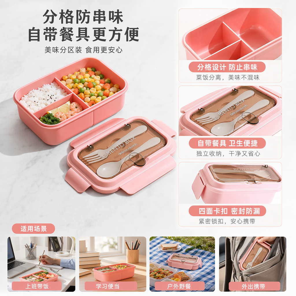 粉色便当盒便携式午餐盒饭盒带盖密封保鲜盒