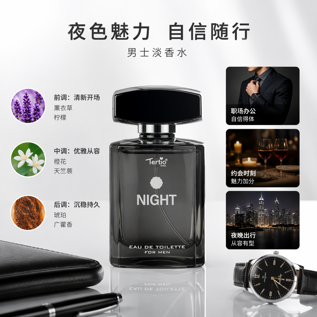 Tertio Paris NIGHT Men's Eau de Toilette black perfume bottle and packaging box transparent glass bottle body with black bottle cap