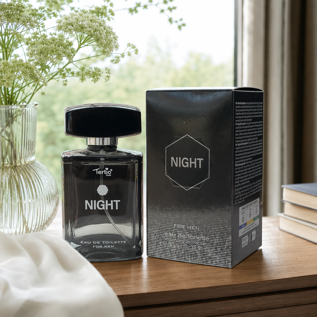 Tertio Paris NIGHT Men's Eau de Toilette black perfume bottle and packaging box transparent glass bottle body with black bottle cap details Picture
