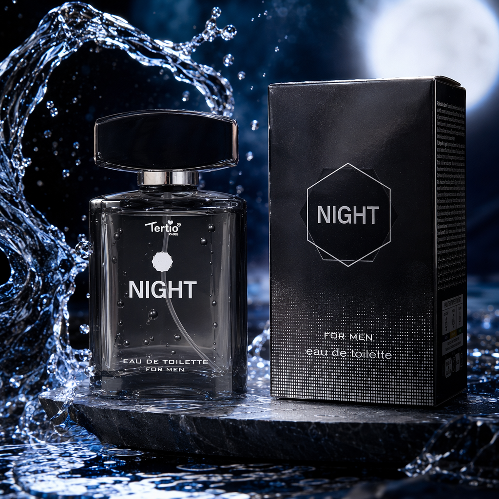Tertio Paris NIGHT Men's Eau de Toilette black perfume bottle and packaging box transparent glass bottle body with black bottle cap Specification image
