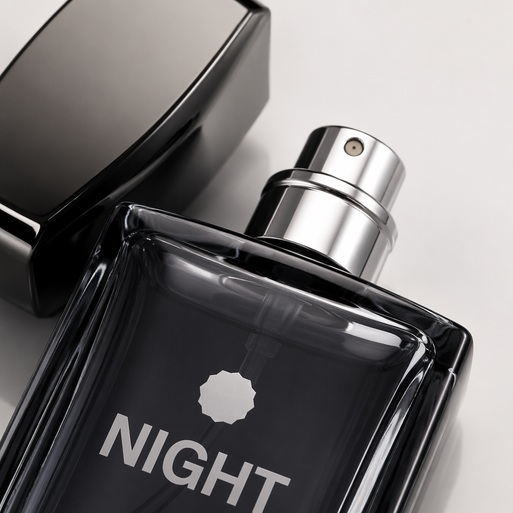 Tertio Paris NIGHT Men's Eau de Toilette black perfume bottle and packaging box transparent glass bottle body with black bottle cap Application Scenario