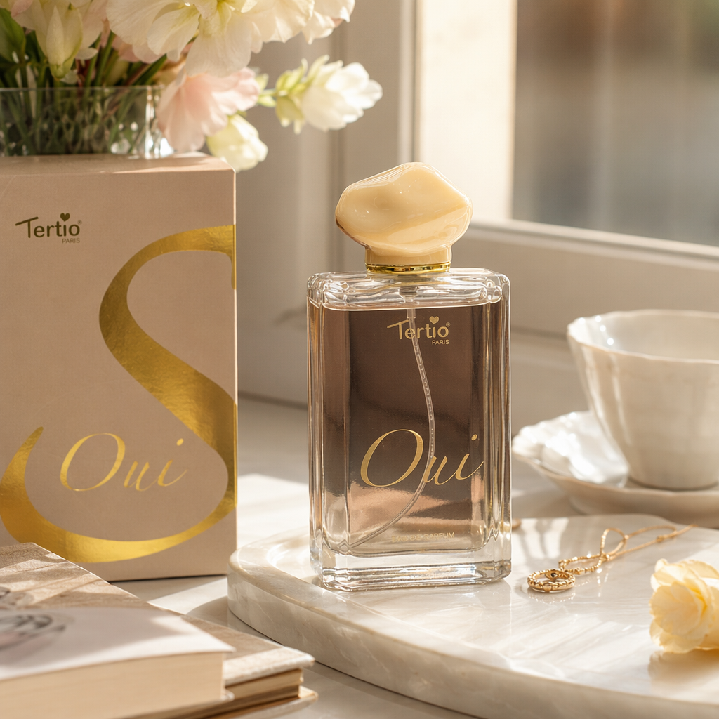 A golden cap transparent glass perfume bottle with a beige packaging box details Picture