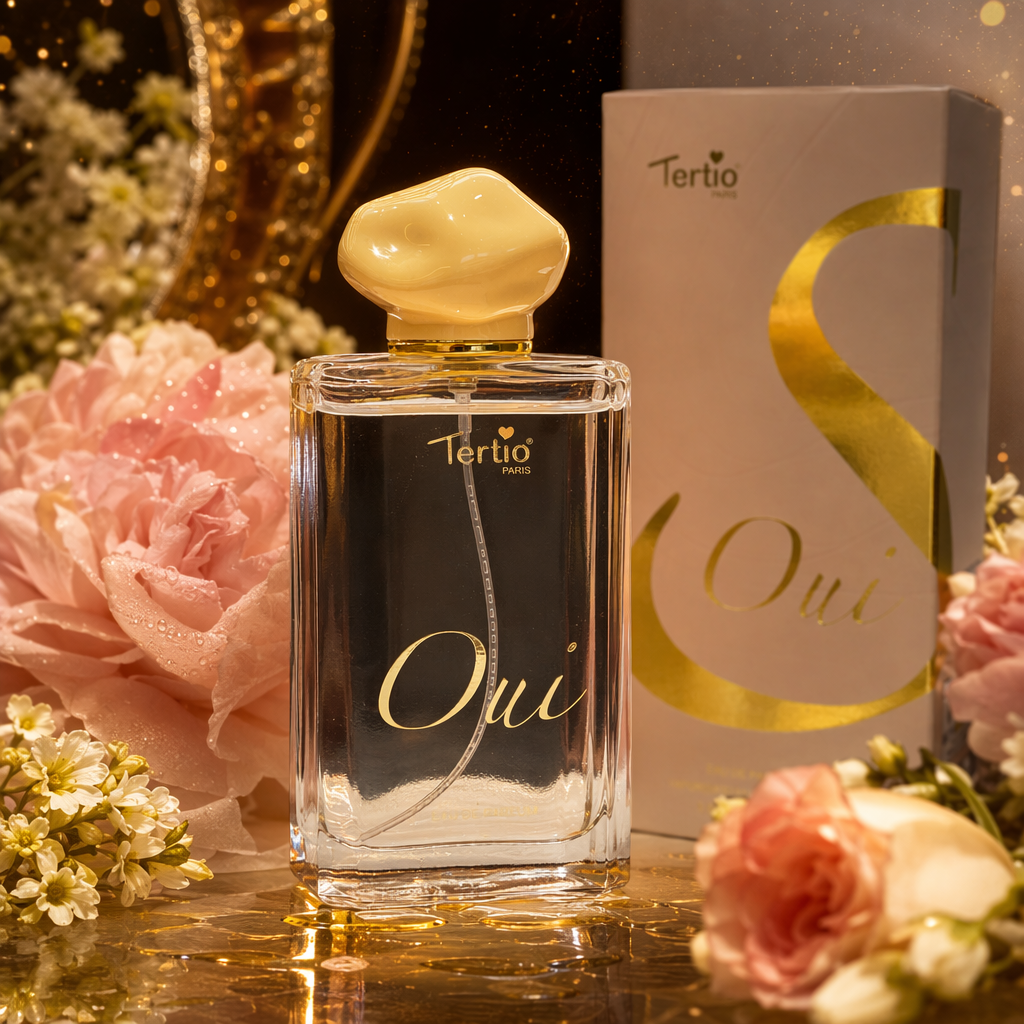A golden cap transparent glass perfume bottle with a beige packaging box Specification image