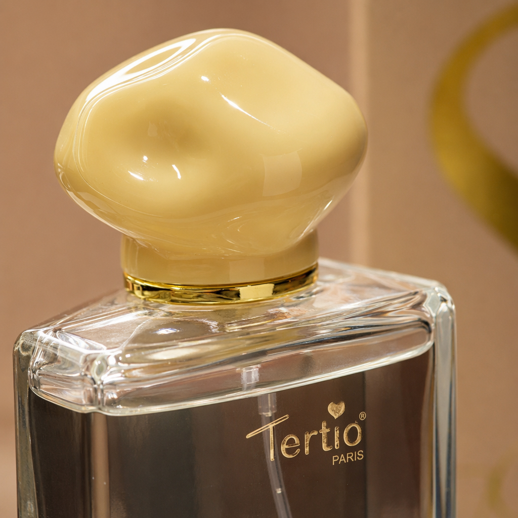 A golden cap transparent glass perfume bottle with a beige packaging box Application Scenario