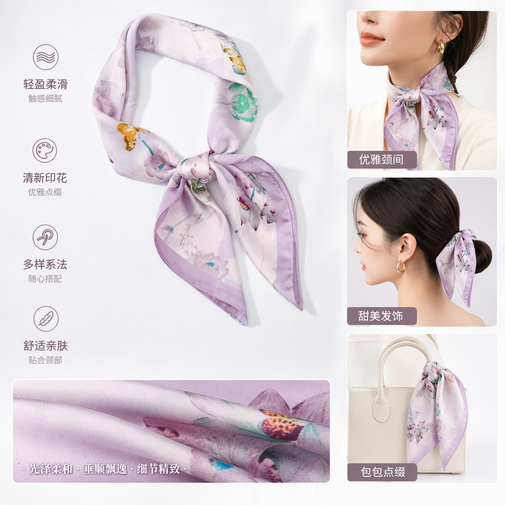 淡紫色花卉蝴蝶图案真丝丝巾轻盈透气四季通用