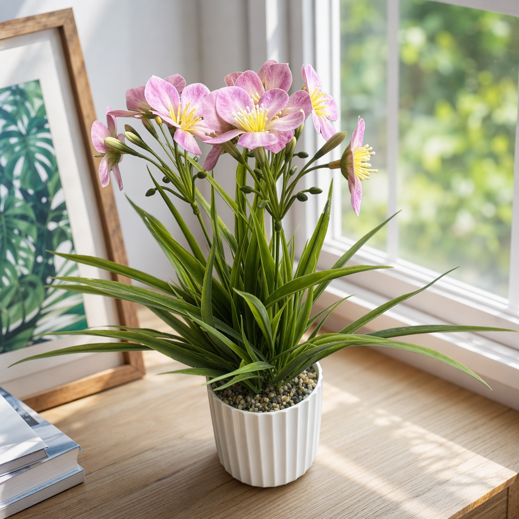 Pink flower potted plants, indoor decorative green plants, small bonsai, balcony garden ornaments details Picture