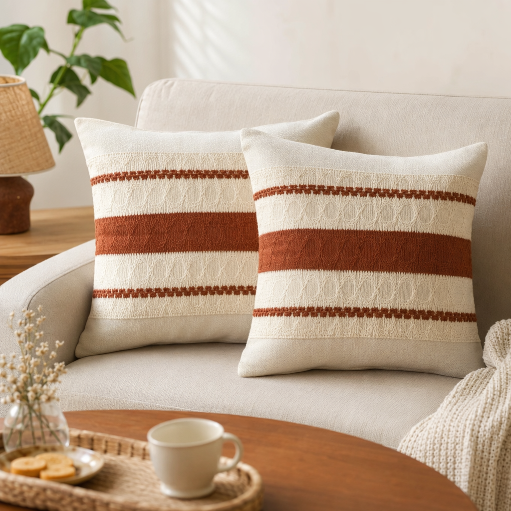 The beige striped throw pillow is a simple Nordic-style sofa decoration pillow for the living room details Picture