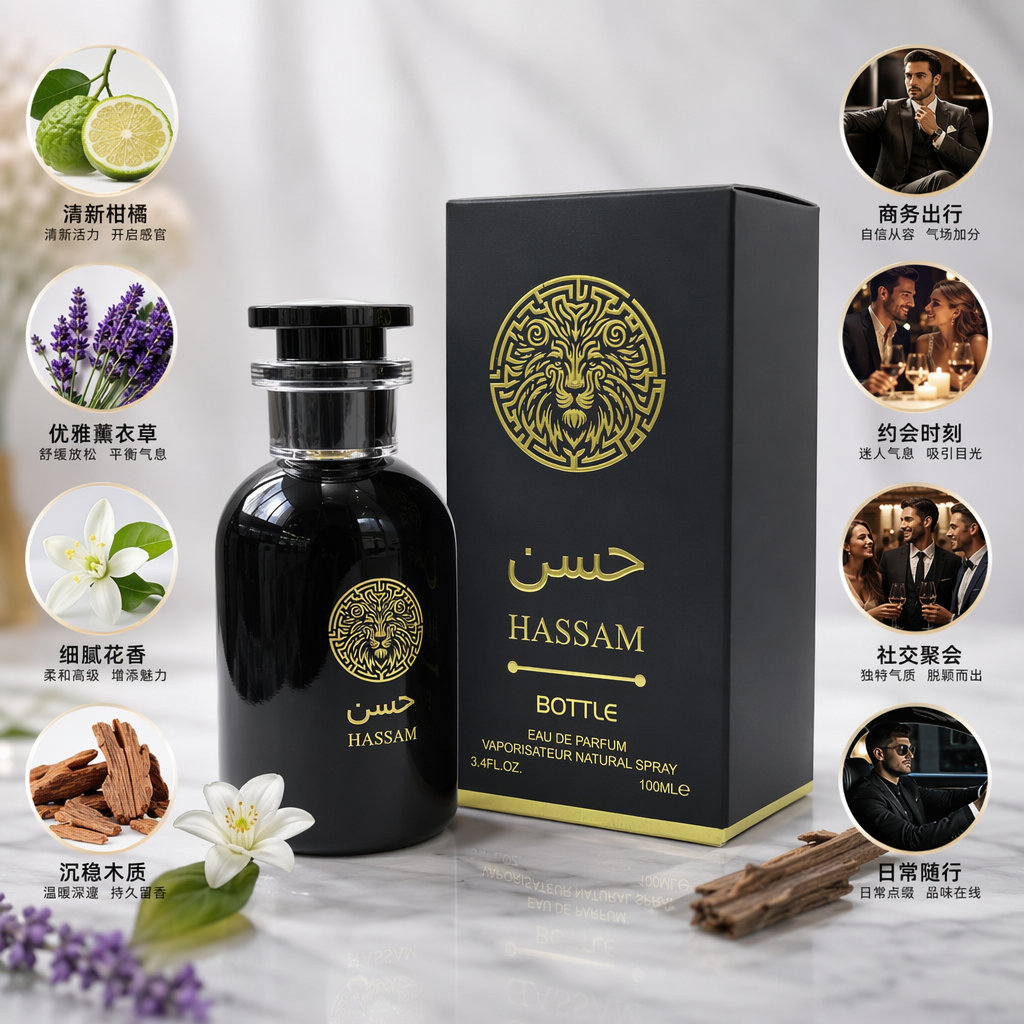 Black perfume BOTTLE with packaging box gold lion head pattern حسن HASSAM BOTTLE