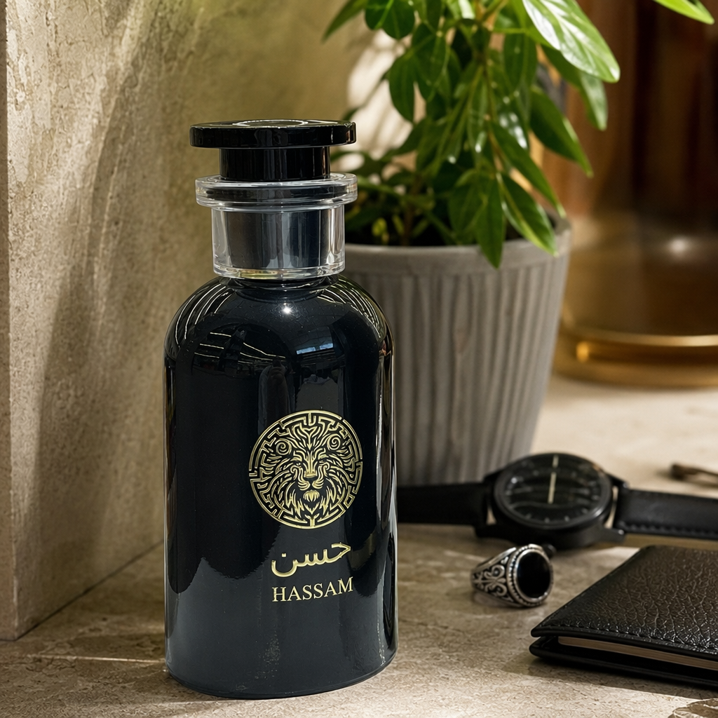 Black perfume BOTTLE with packaging box gold lion head pattern حسن HASSAM BOTTLE details Picture