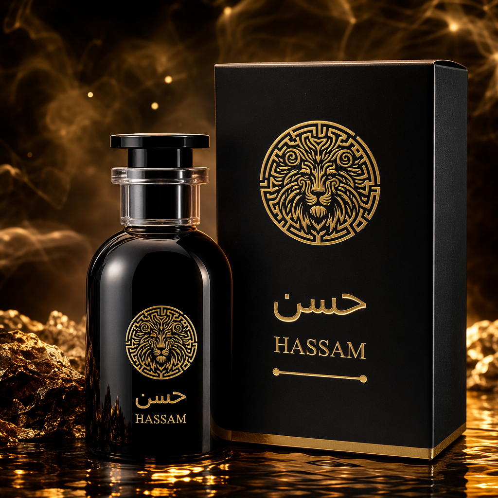 Black perfume BOTTLE with packaging box gold lion head pattern حسن HASSAM BOTTLE Specification image