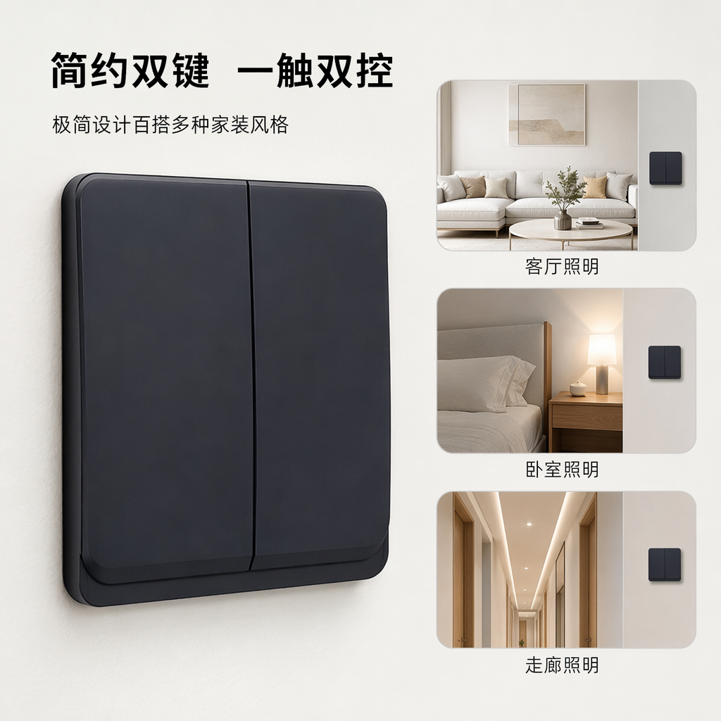 The G series black/grey/gold two-panel single-control wall switch is suitable for both living rooms and bedrooms. It features a simple design and is exclusively for export