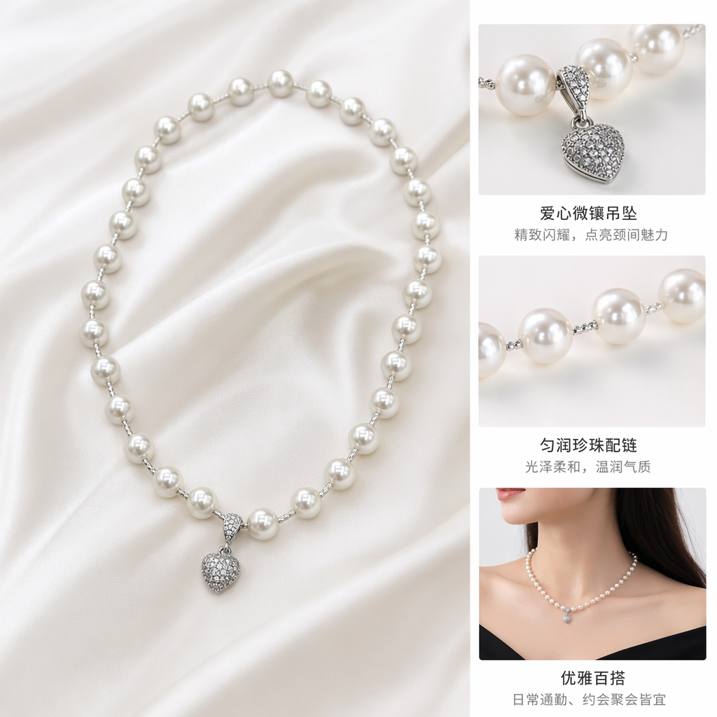 白色珍珠项链配心形镶钻吊坠 优雅女士饰品项链项链珍珠项链项链女夏百搭