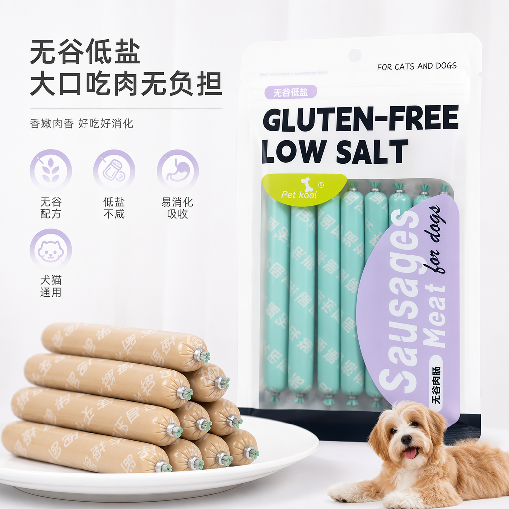 浅绿色香肠状宠物零食包装袋 宠物食品专用环保密封袋