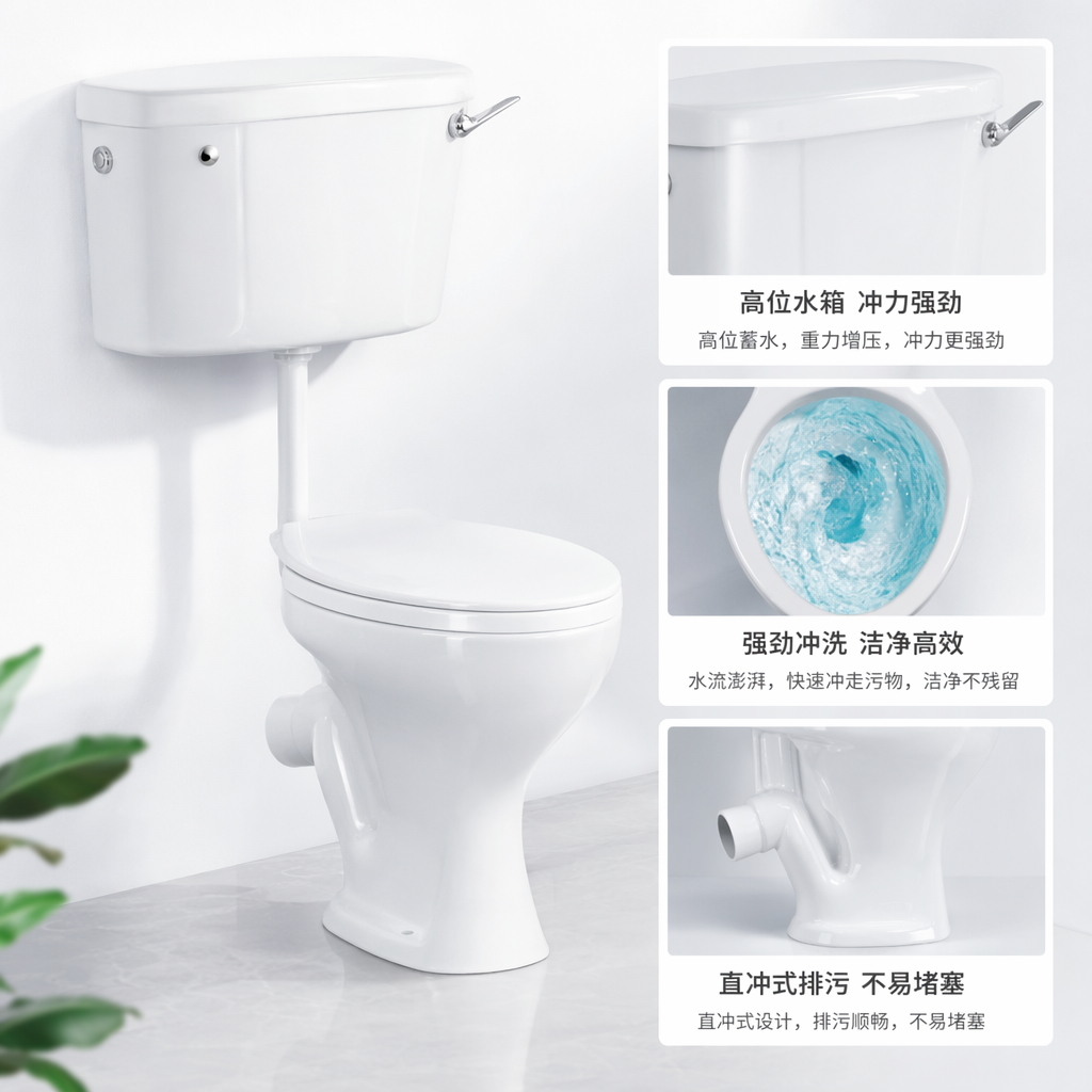 The white toilet has a smooth glaze and is easy to clean. It is a classic model for household bathrooms