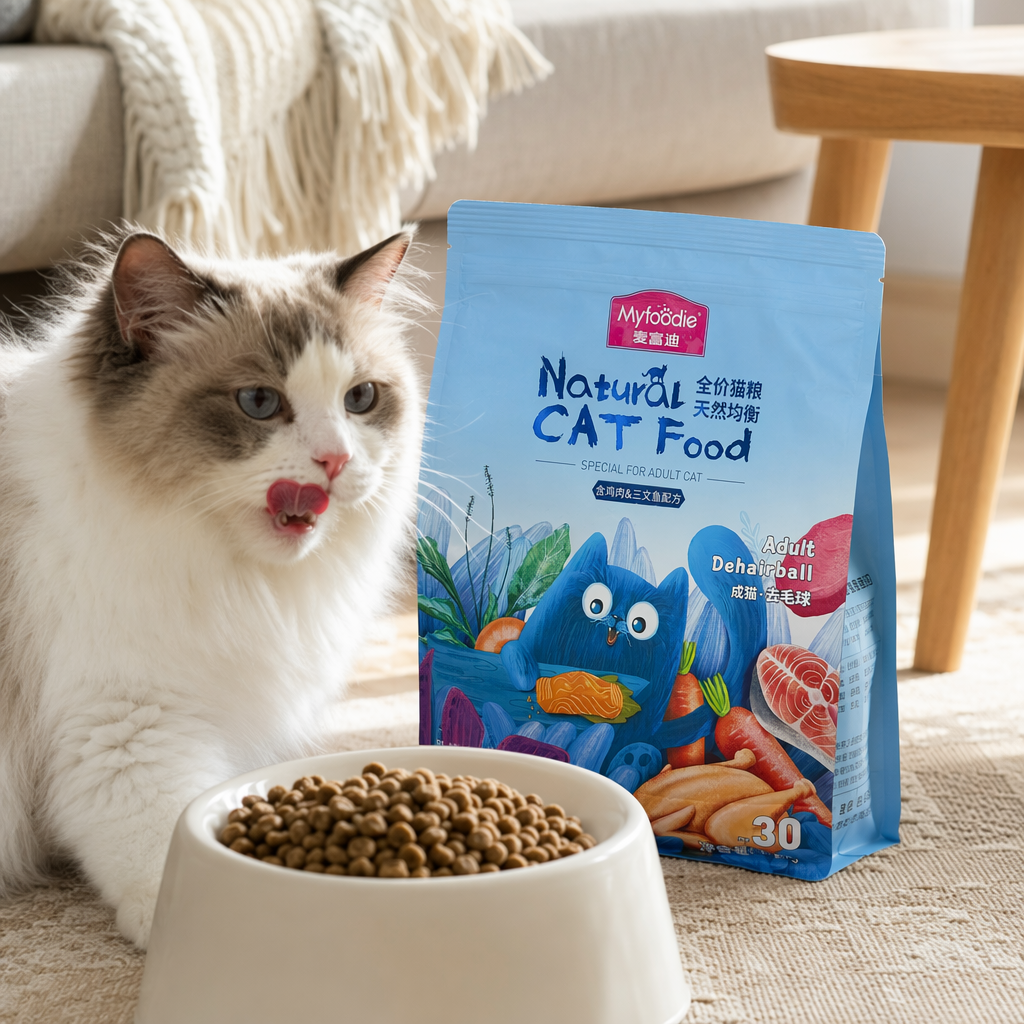 Blue cat food bagged, natural, grain-free, specially designed for adult cats with balanced nutrition details Picture