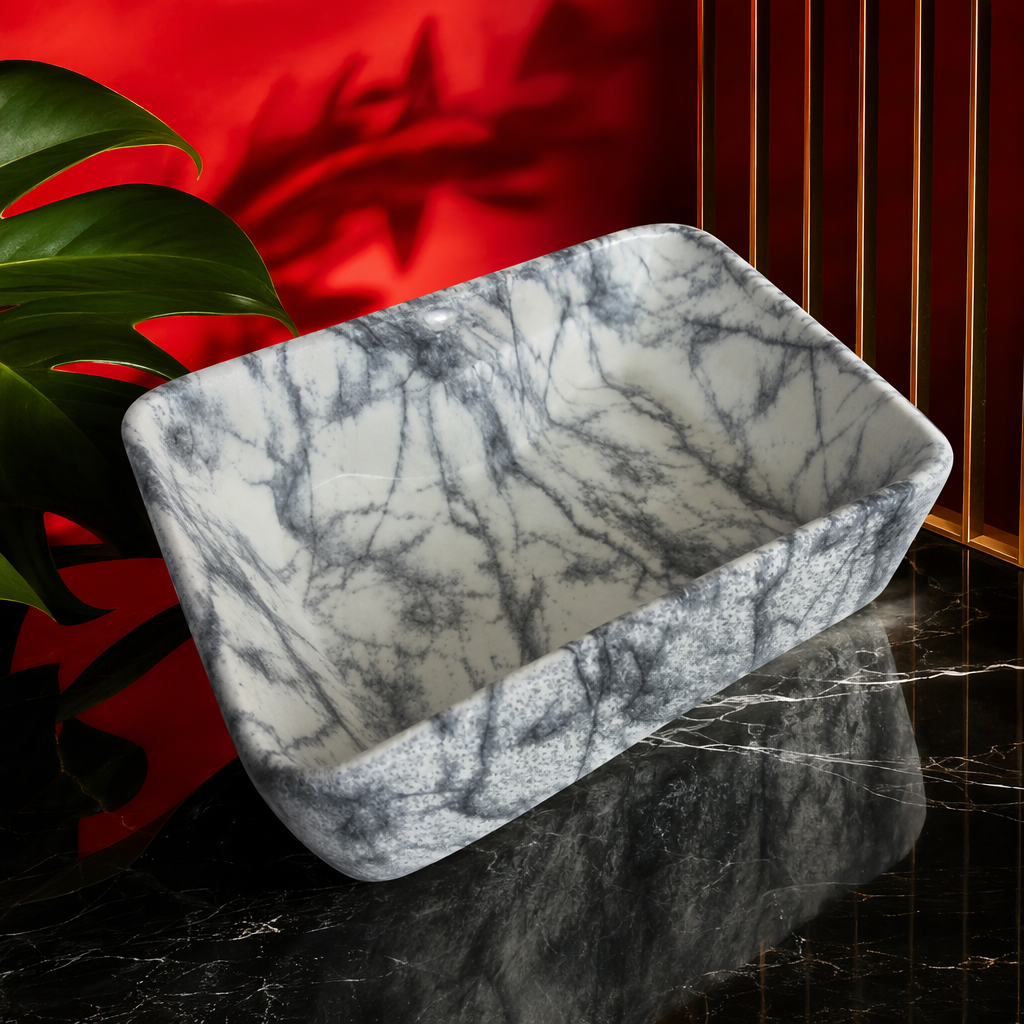 A modern and simple bathroom basin with grey and white marble-textured ceramic washbasin under the basin Specification image