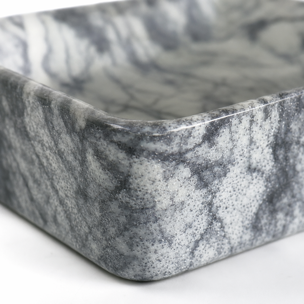 A modern and simple bathroom basin with grey and white marble-textured ceramic washbasin under the basin Application Scenario