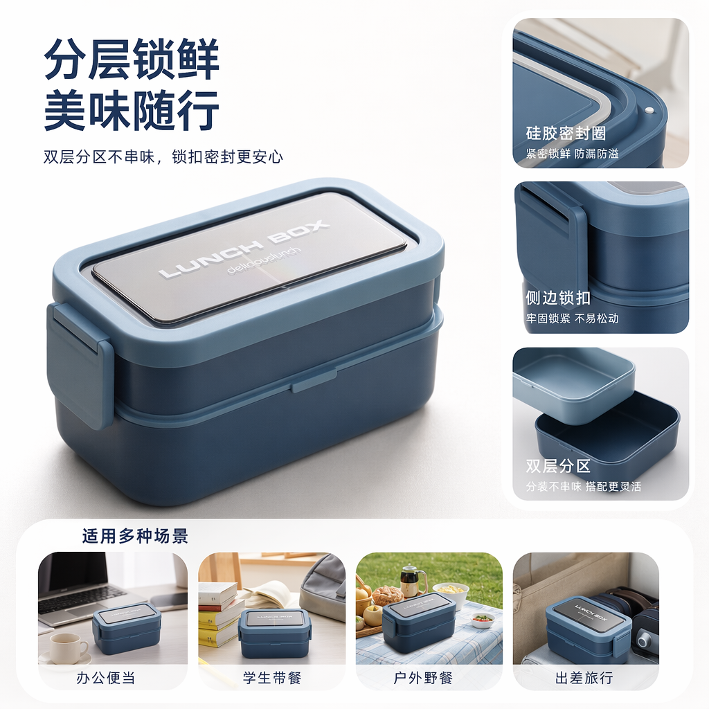 蓝色双层保温饭盒便携式学生上班族午餐盒