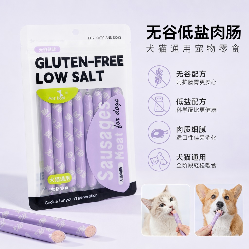 Pet kool紫色宠物香肠条GLUTEN FREE LOW SALT狗狗专用浅灰背景包装