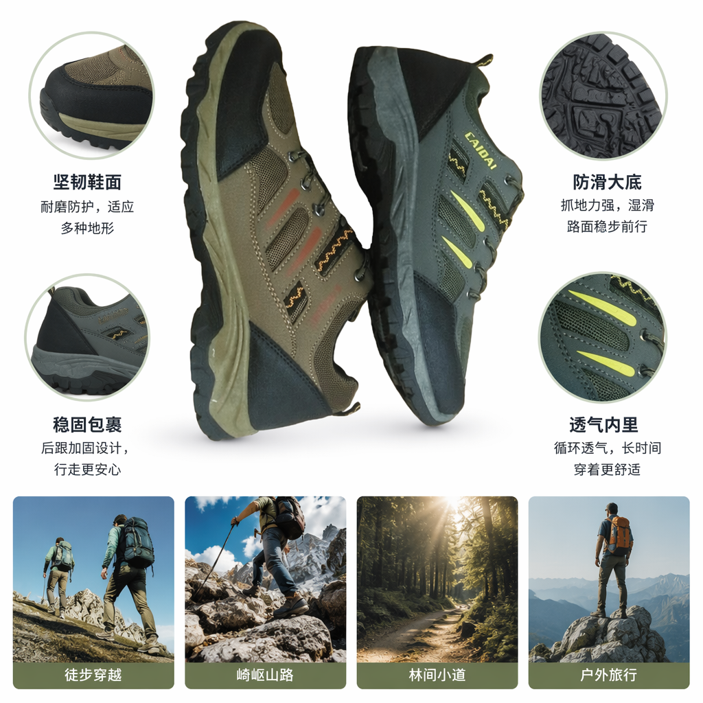 棕色与灰色登山鞋 男女同款防滑耐磨户外徒步鞋