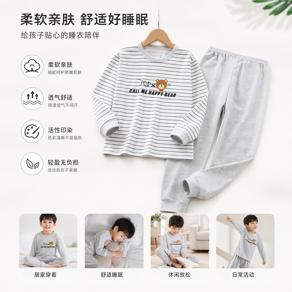 儿童条纹长袖上衣配灰色长裤睡衣套装