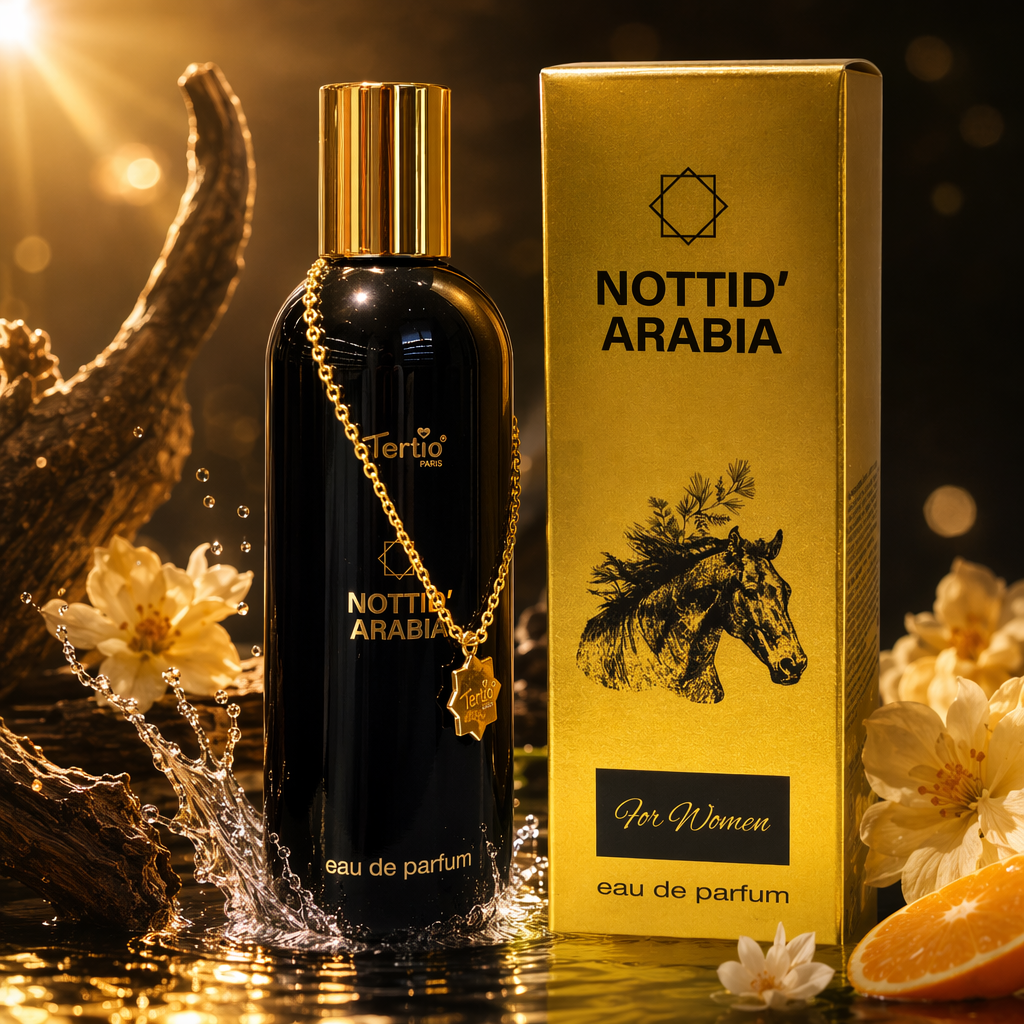 Black perfume bottle with golden cap, golden chain pendant, golden packaging box, horse head pattern NOTTID ARABIA Specification image