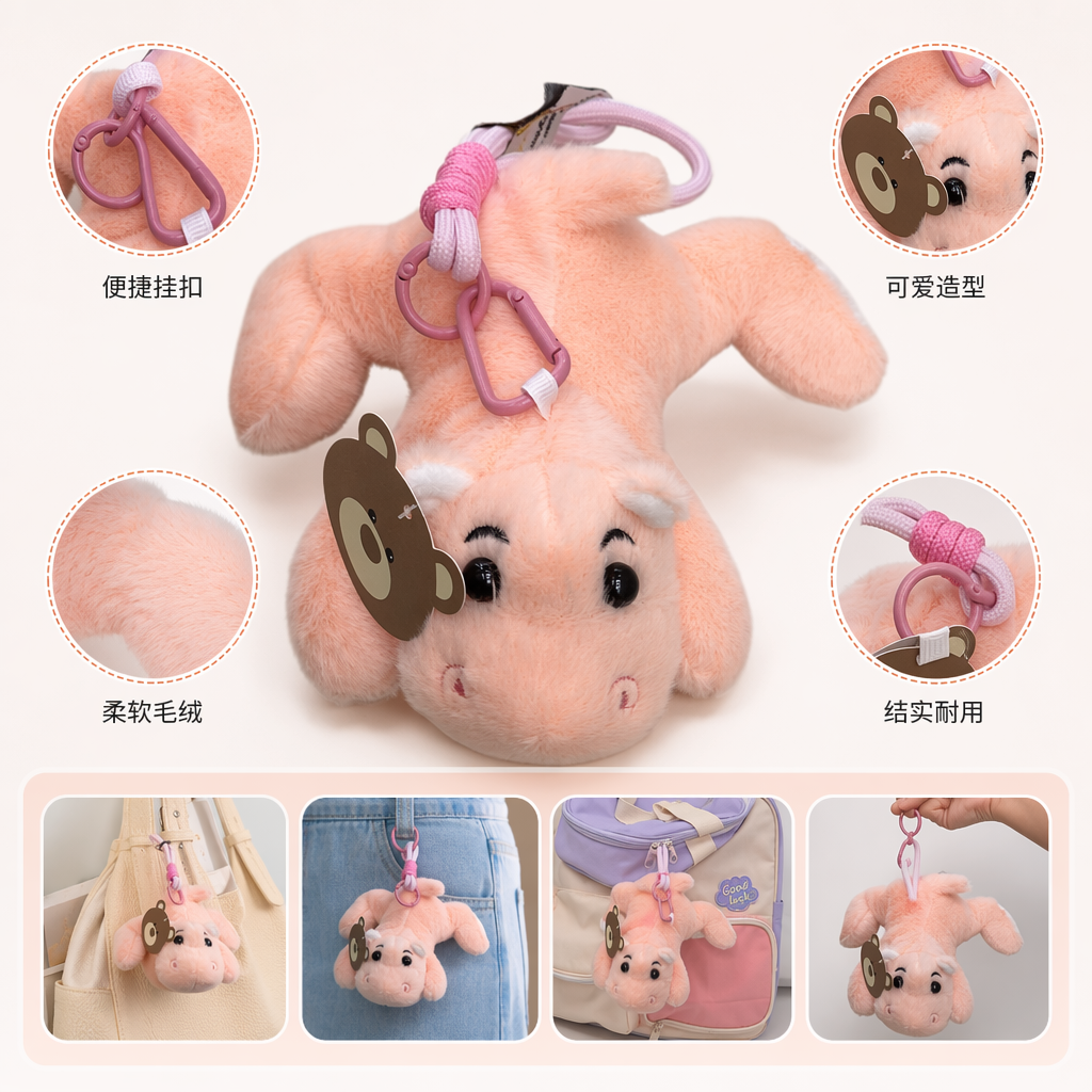 Pink plush little pig pendant, cute pet keychain, car bag decoration
