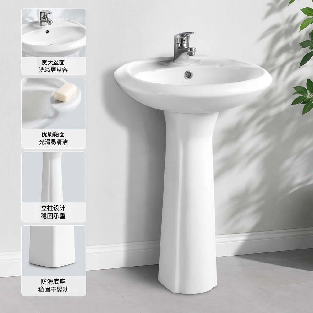 A simple and modern bathroom fixture with a white column-style washbasin and a ceramic undermount