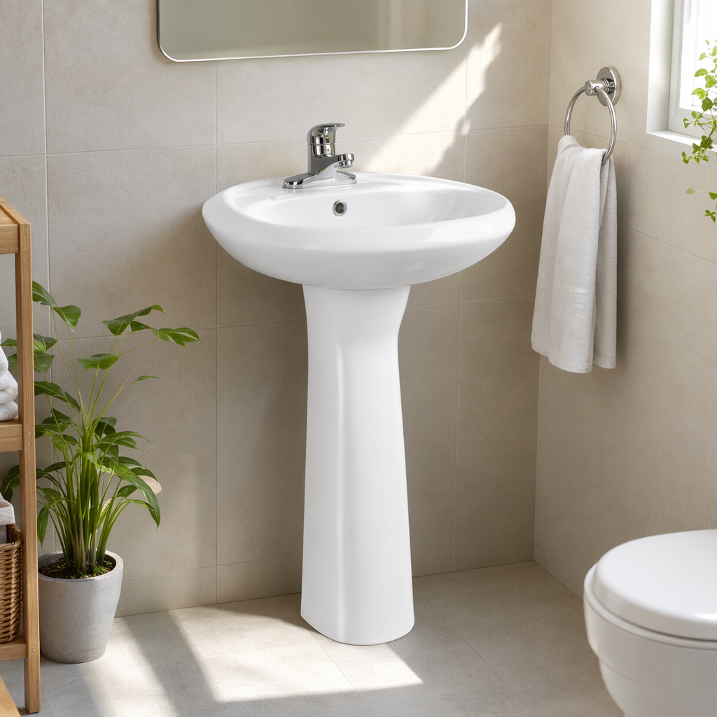 A simple and modern bathroom fixture with a white column-style washbasin and a ceramic undermount details Picture