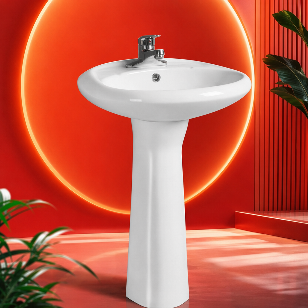 A simple and modern bathroom fixture with a white column-style washbasin and a ceramic undermount Specification image