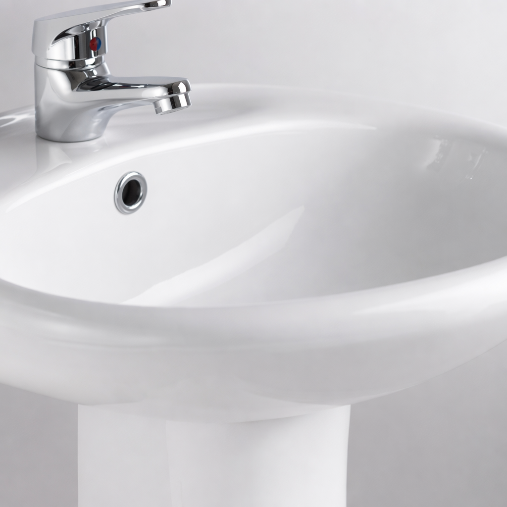 A simple and modern bathroom fixture with a white column-style washbasin and a ceramic undermount Application Scenario