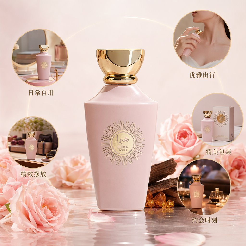 HERA BOTTLE pink perfume bottle with white packaging box, light pink bottle body and golden sunray pattern logo