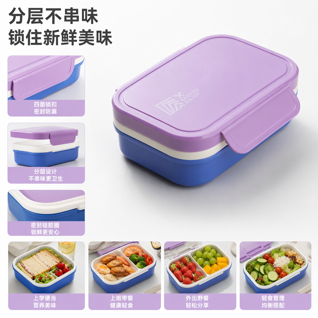 紫色盖子蓝色盒身双层轻食便当盒