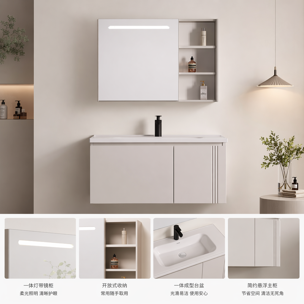 A modern and simple style three-piece set of white bathroom cabinet with mirror cabinet and washbasin