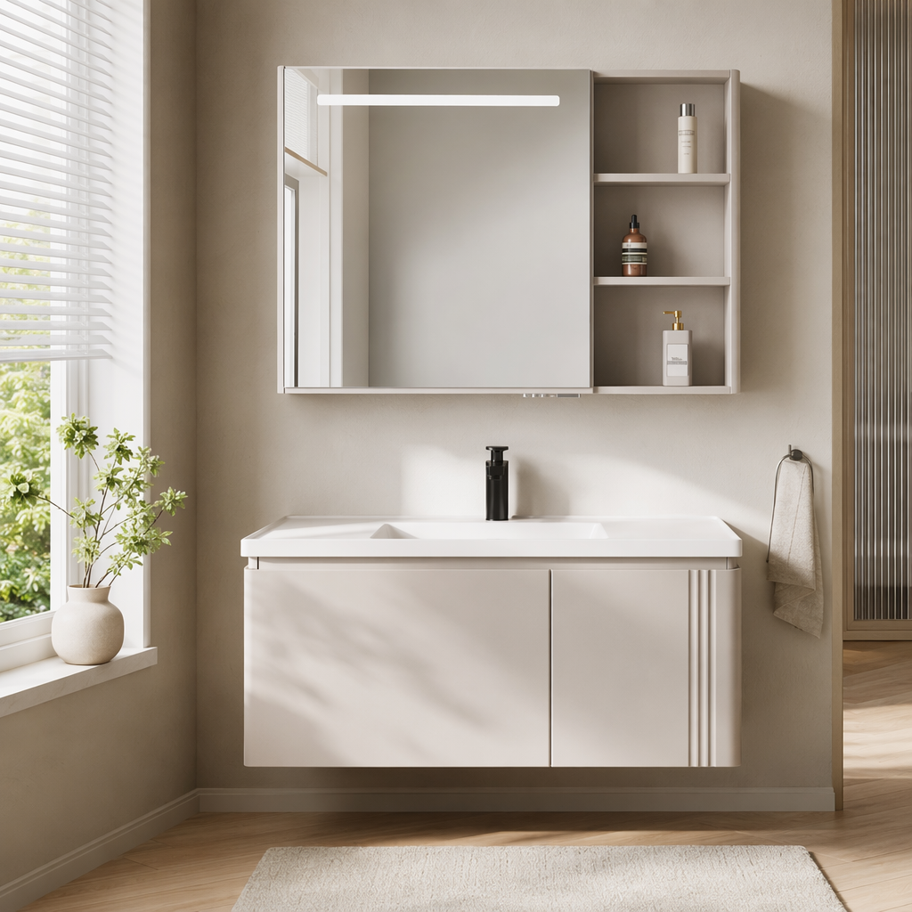 A modern and simple style three-piece set of white bathroom cabinet with mirror cabinet and washbasin details Picture
