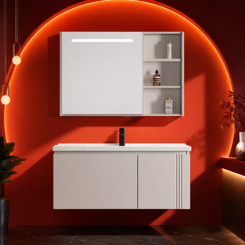 A modern and simple style three-piece set of white bathroom cabinet with mirror cabinet and washbasin Specification image