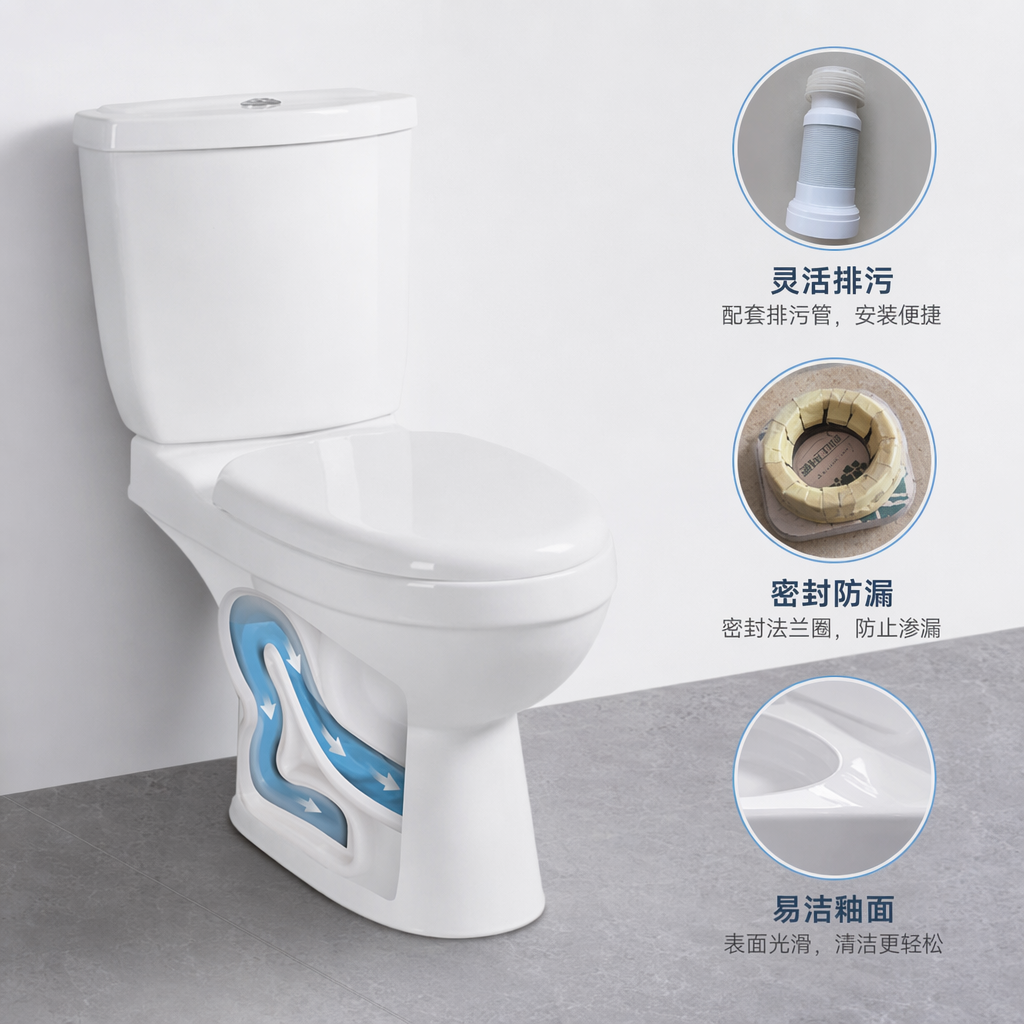 White toilet, ceramic sitting toilet, water-saving type, intelligent flushing for home bathroom