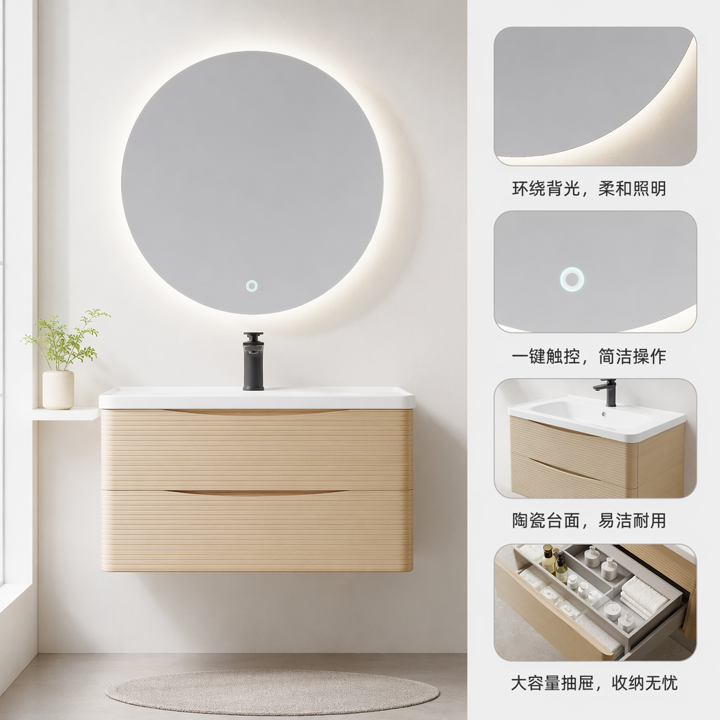 The light wood-colored cabinet with a washbasin and bathroom combination cabinet is a simple and modern household washbasin