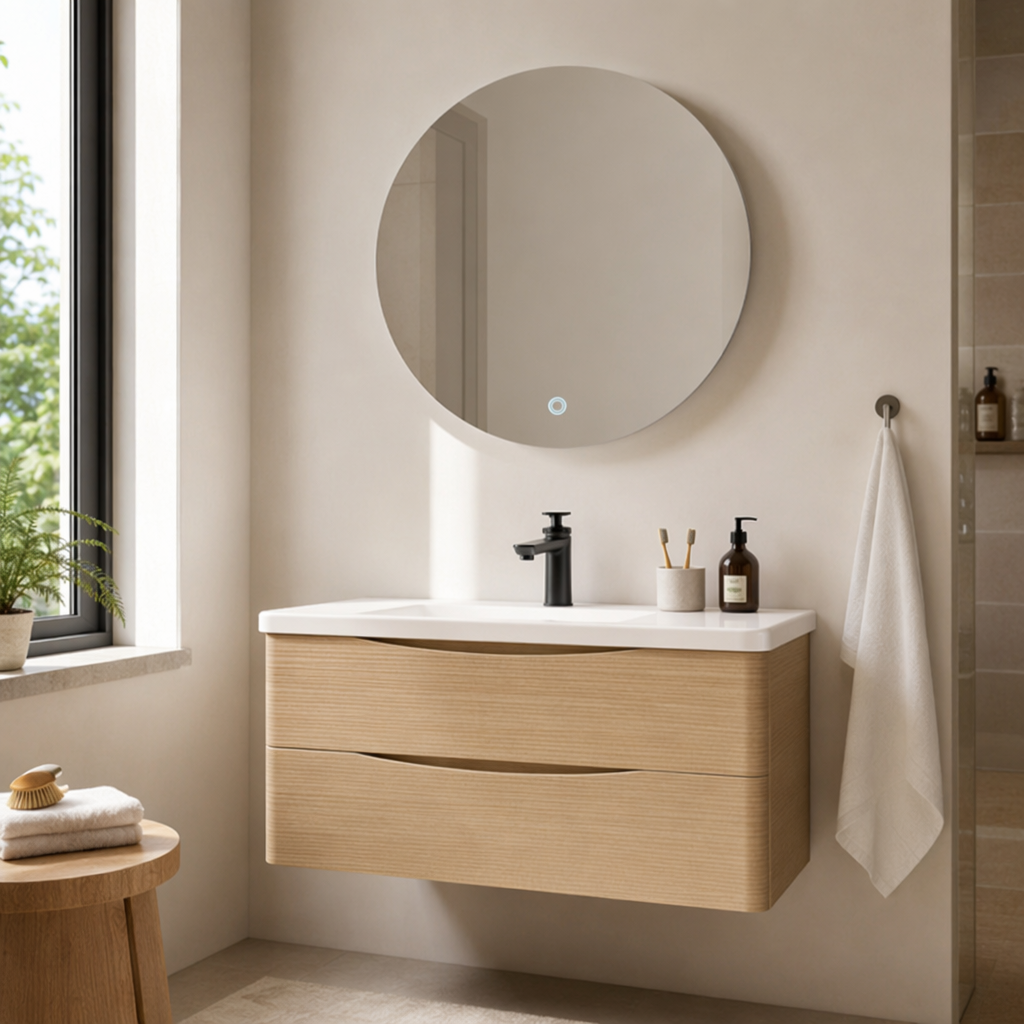 The light wood-colored cabinet with a washbasin and bathroom combination cabinet is a simple and modern household washbasin details Picture