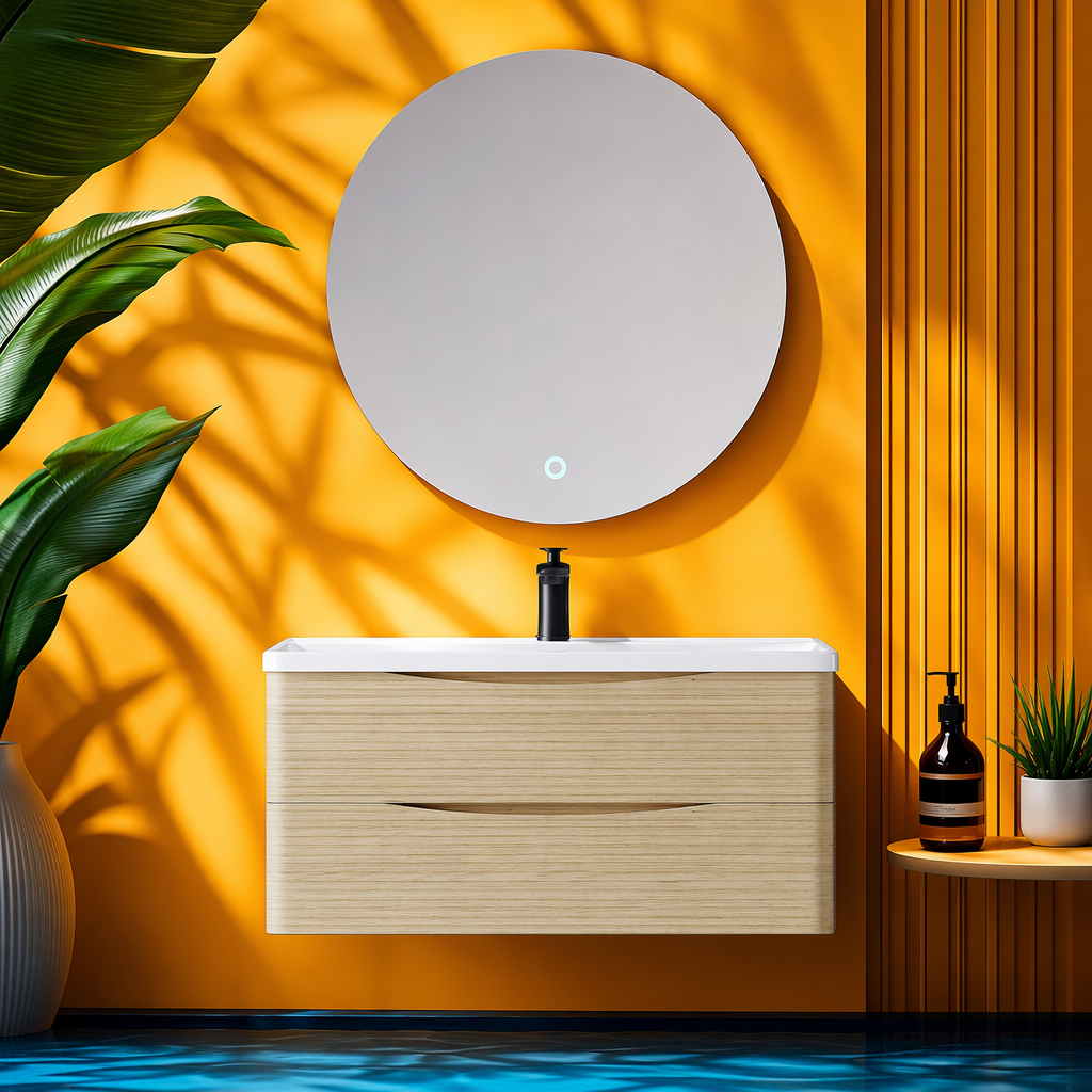 The light wood-colored cabinet with a washbasin and bathroom combination cabinet is a simple and modern household washbasin Specification image