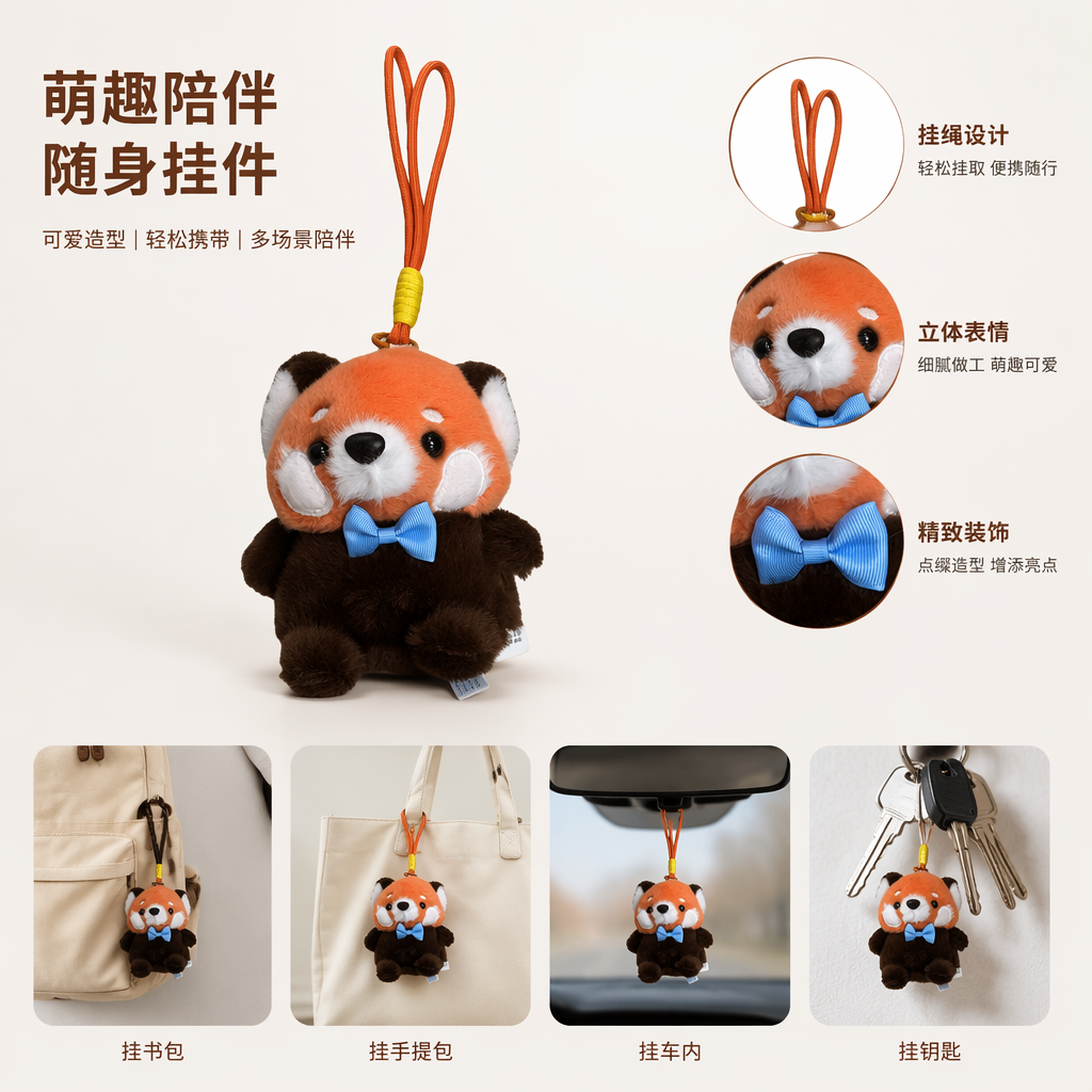 Orange and red panda plush toy pendant, cute and fun car backpack decoration