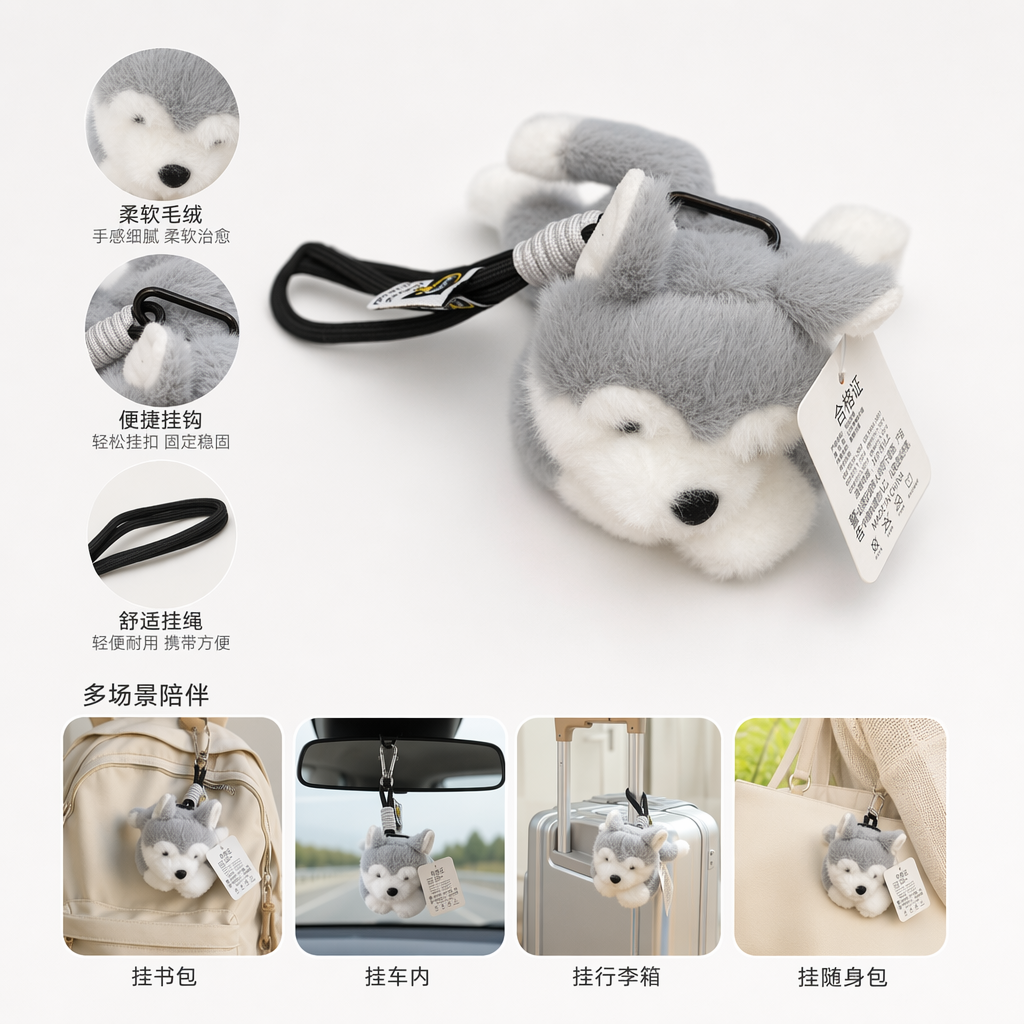 A cute grey plush puppy pendant, a keychain for adorable pets, and a car decoration bag pendant