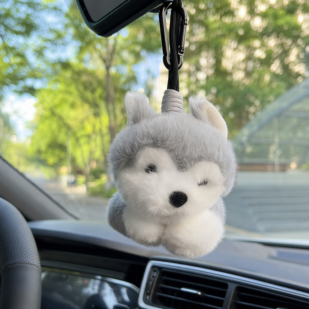A cute grey plush puppy pendant, a keychain for adorable pets, and a car decoration bag pendant details Picture