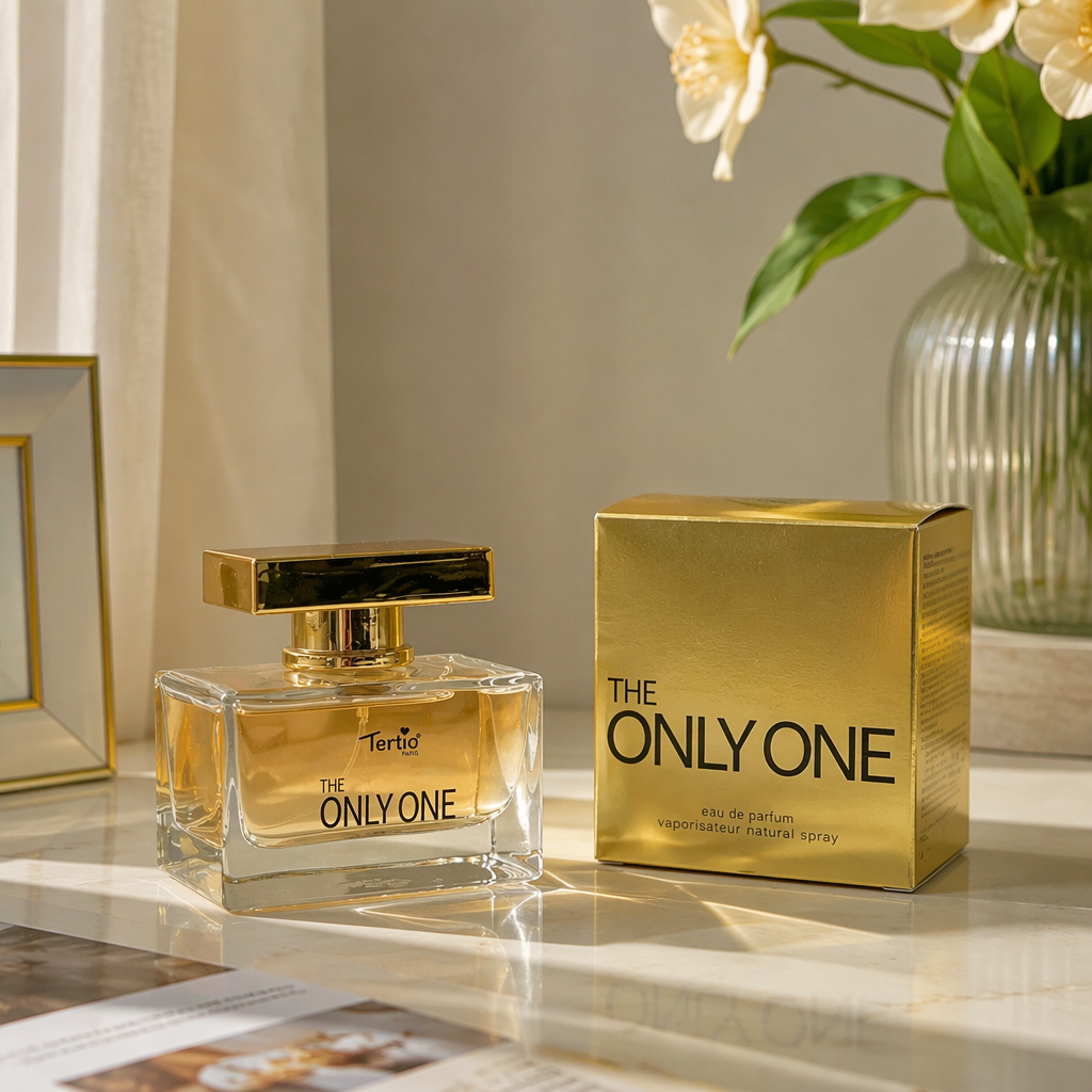 A transparent glass perfume bottle with a golden cap and a golden packaging box details Picture