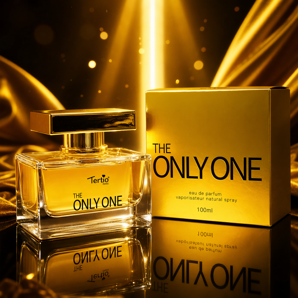 A transparent glass perfume bottle with a golden cap and a golden packaging box Specification image