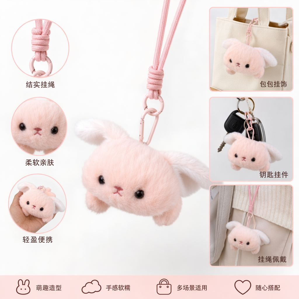 Pink plush rabbit pendant, cute and fun car bag keychain decoration