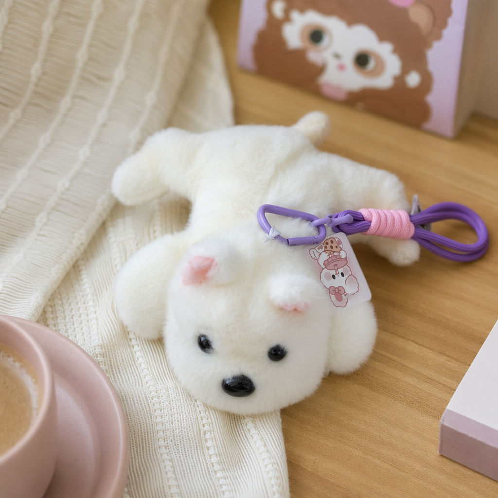 White plush puppy pendant, short fleece car keychain bag decoration details Picture