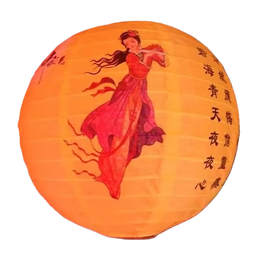 Orange paper lanterns, flying fairy in red and purple ancient costume, decorated with vertical black characters Item Picture