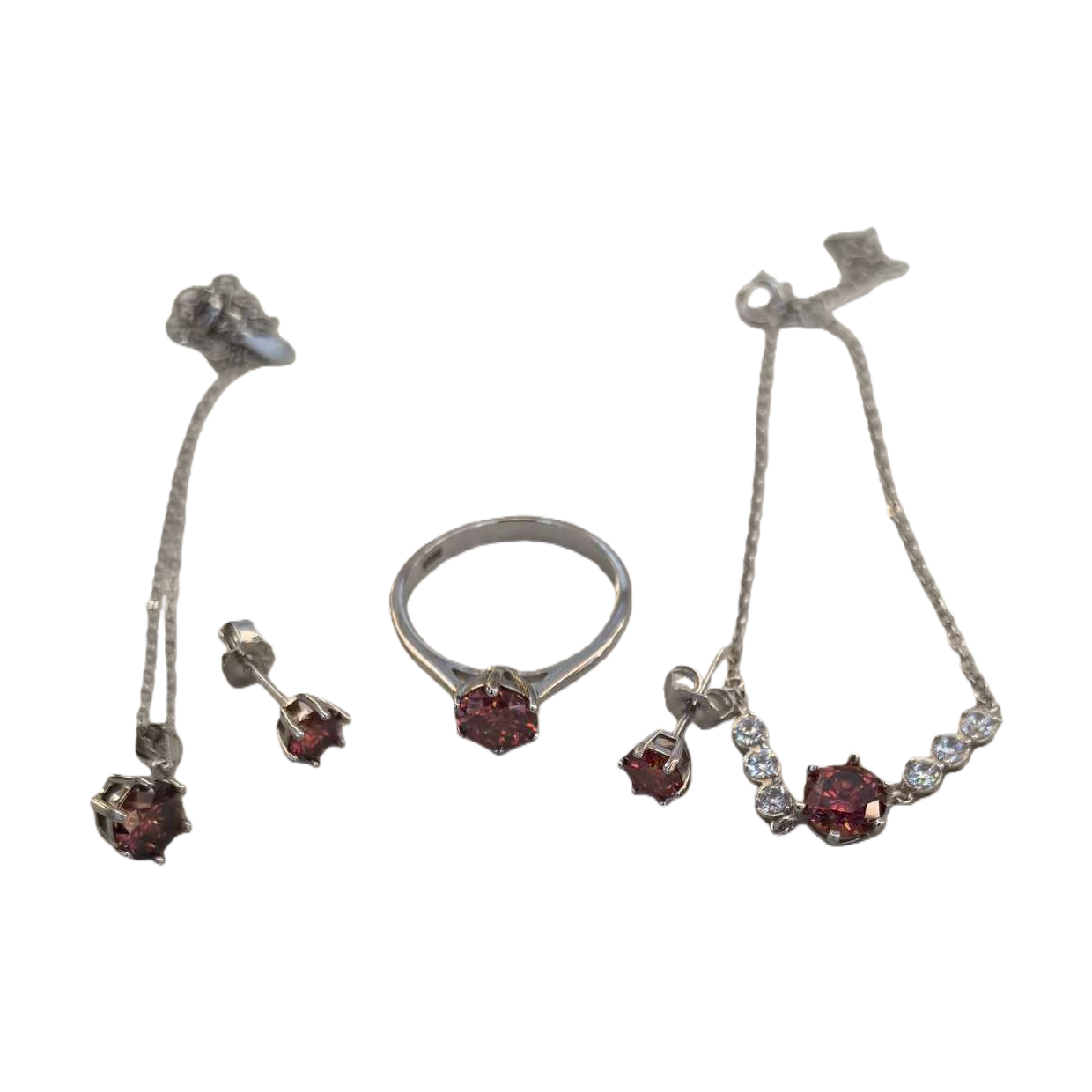 All-silver Moissanite set, ring, stud earrings, pendant, bracelet, ring, red transparent crystal Item Picture